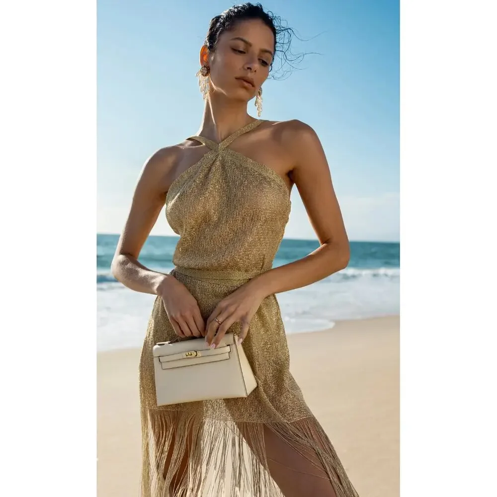 Luli Fama Dorada gold sheer fringe halter swim coverup